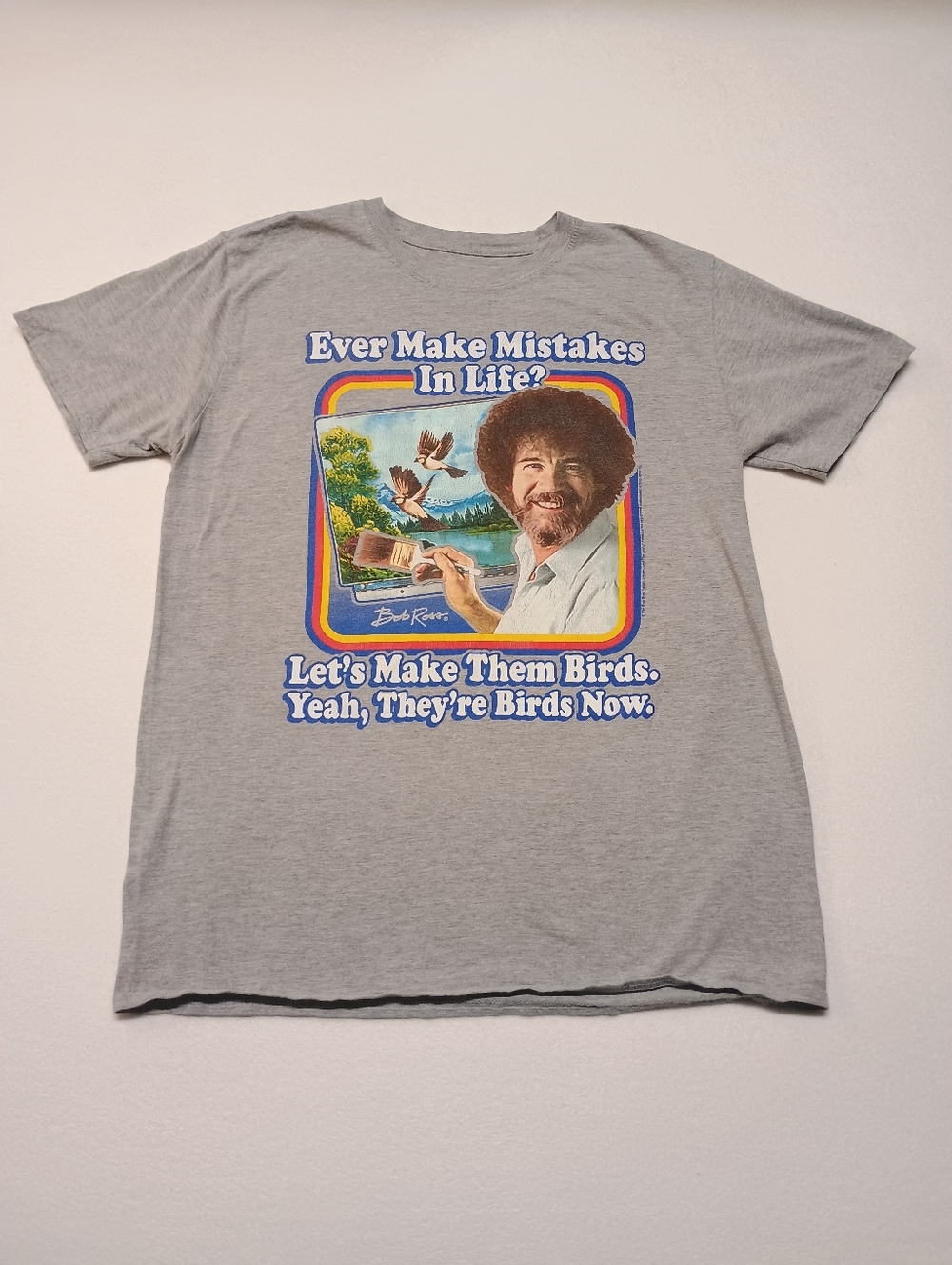 Bob Ross Mens Size L  'Let's Make Them Birds' Graphic Tee - Gray